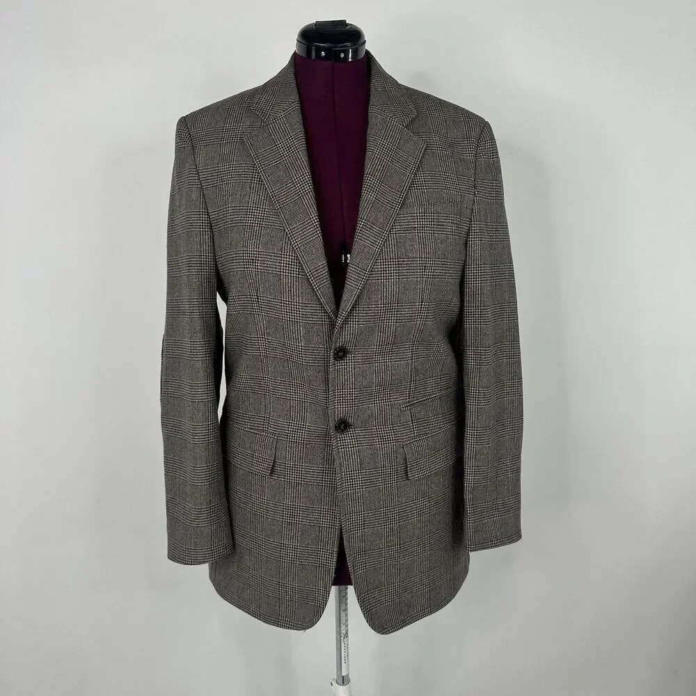 Club Monaco Elbow Patch Equestrian Wool Blazer 40R Brown Plaid Sport coat Jacket